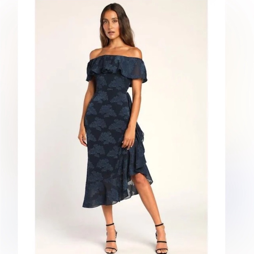 NWT Lulus Pretty Perfect Navy Burnout Floral Off-The-Shoulder Midi Dress Medium